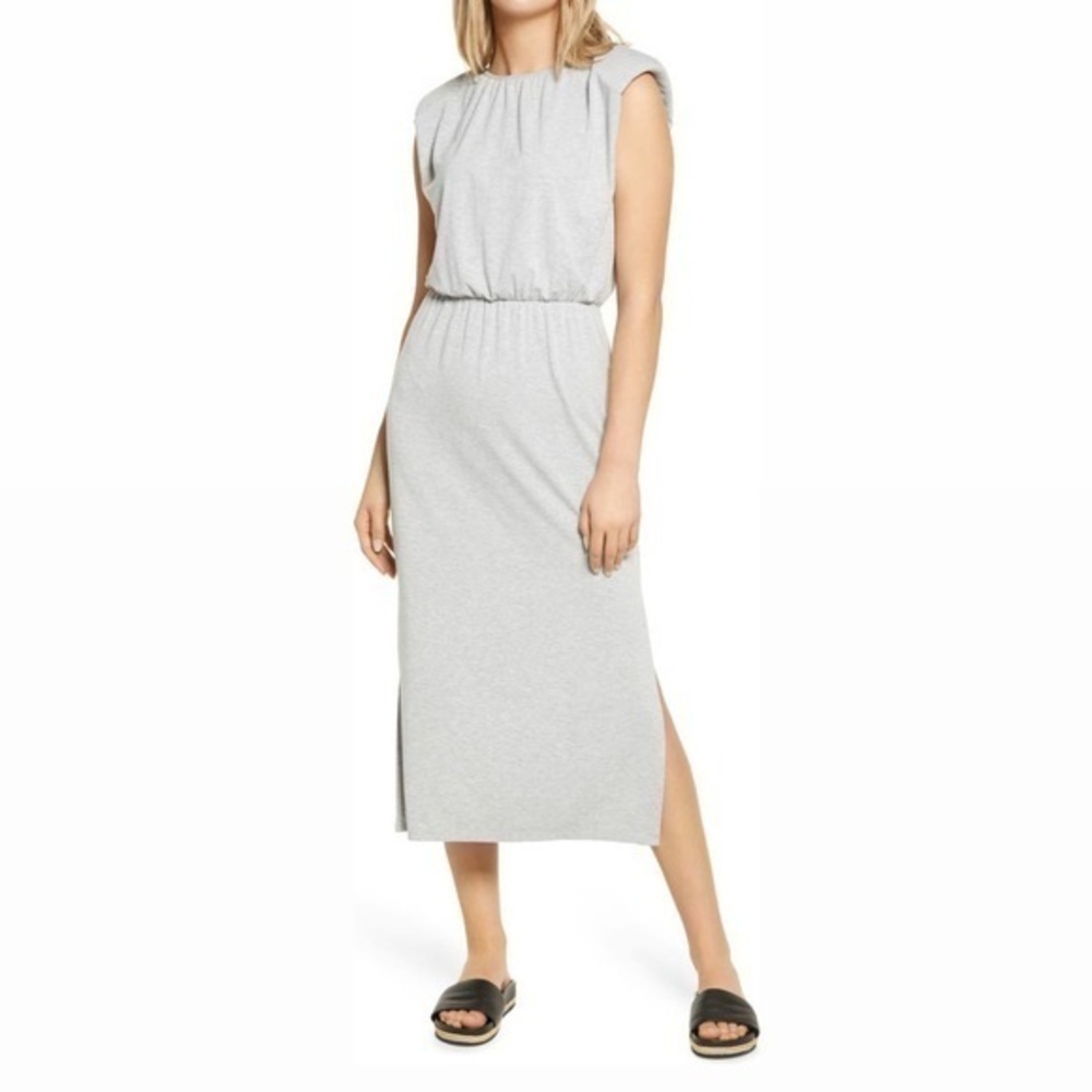 WAYF Padded Shoulder Midi Grey Dress
